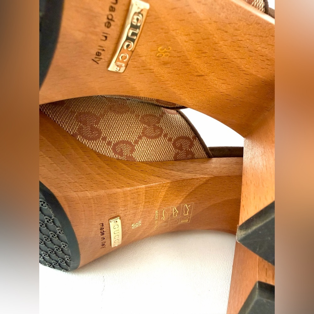 GUCCI || GG Canvas Horsebit Platform Mule Sandals EU 38 Brown Wood Heel - Picture 11 of 12